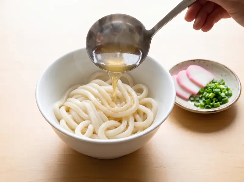 Hot dashi broth ladled over udon noodles and topped with spring onions