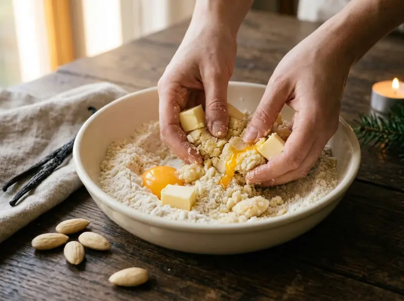 Hands rubbing cold butter cubes and egg yolks into flour and ground almonds for Vanillekipferl dough