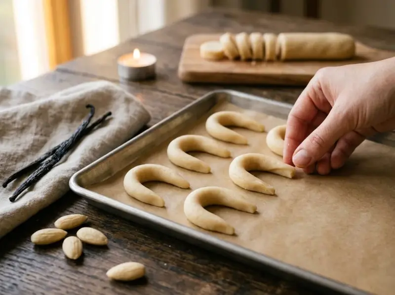 Raw Vanillekipferl crescents shaped on a lined baking tray, a sliced dough log behind