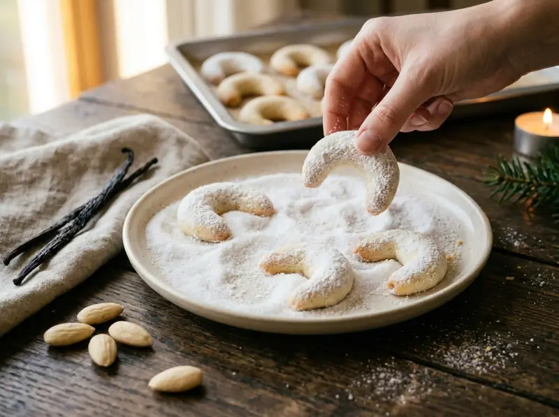 Pale baked Vanillekipferl being rolled in vanilla sugar, one crescent lifted from the dish