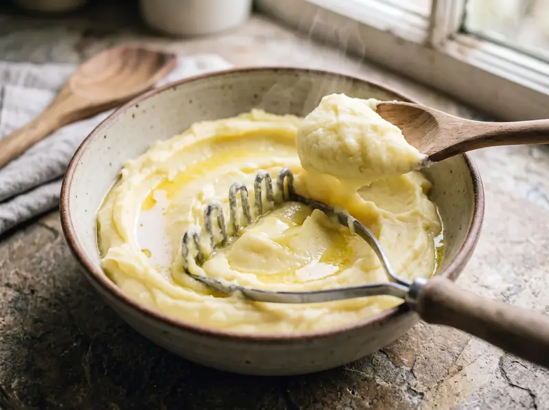 Purè di patate liscio con burro vegano fuso per lo shepherd's pie vegano in una ciotola, con lo schiacciapatate