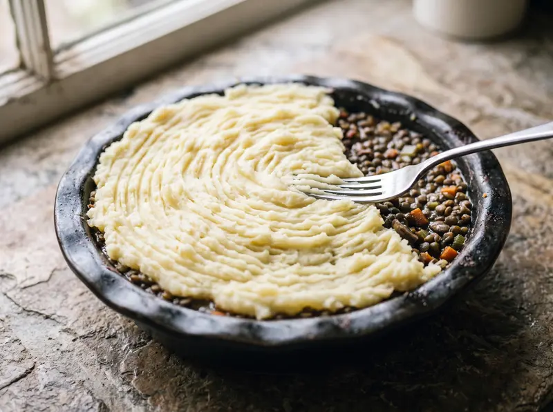 Purè steso sul ripieno di lenticchie dello shepherd's pie vegano nella teglia di ghisa, con i solchi della forchetta
