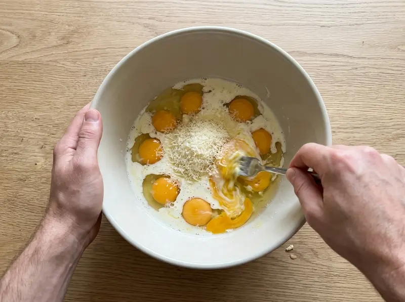 Frittata aux légumes : une fourchette bat huit œufs avec de la crème et du parmesan râpé dans un bol en céramique