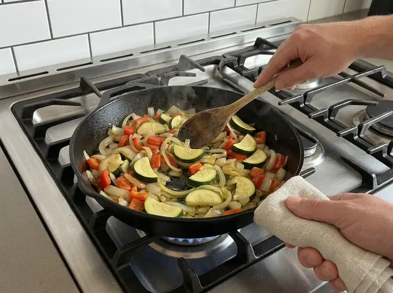 Frittata aux légumes : oignon, poivron rouge et demi-lunes de courgette sautent dans une poêle en fonte, cuillère en bois