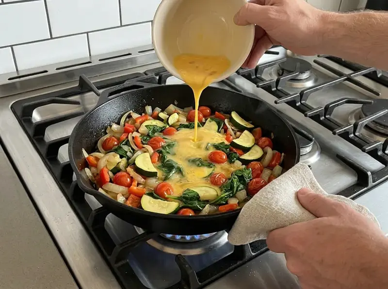 Frittata aux légumes : les œufs battus coulent d'un bol sur courgette, poivron, tomates cerises et épinards, poêle en fonte
