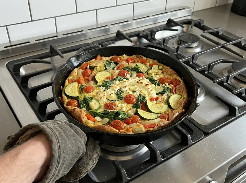 Frittata aux légumes : frittata dorée et gonflée aux courgettes, tomates cerises, épinards et feta dans une poêle en fonte
