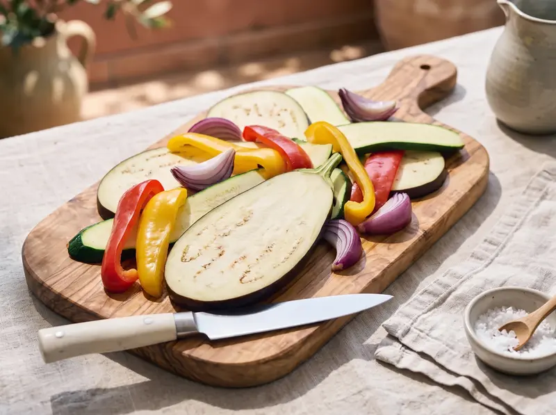 Eggplant, zucchini, peppers and red onion sliced evenly for verdure alla griglia