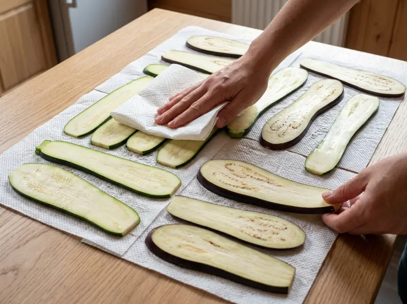 Raw planks of eggplant and zucchini blotted dry with a paper towel before grilling