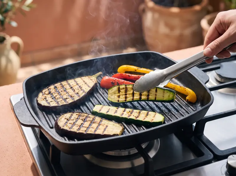Vegetable planks on a ridged grill pan with clear char marks for verdure alla griglia