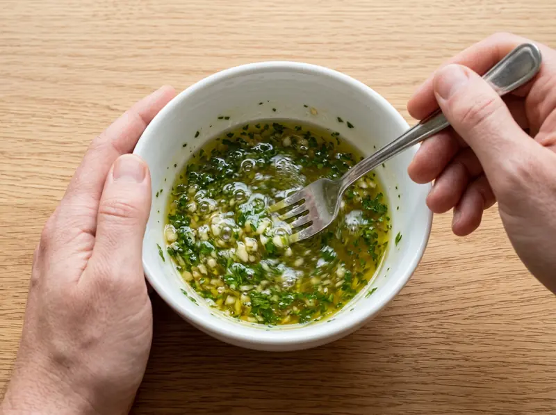 Olive oil, red wine vinegar, chopped garlic and parsley whisked with a fork in a small white bowl