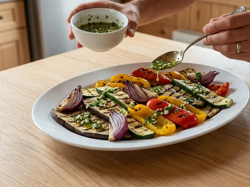 Garlic and parsley dressing spooned over warm grilled eggplant, zucchini, peppers and red onion on a platter