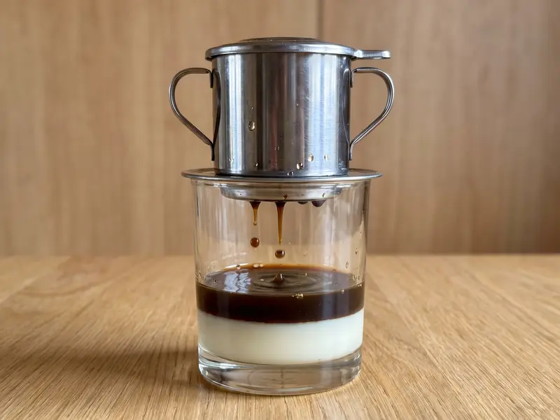 フィンからグラスの練乳の層にコーヒーが滴り落ち、二層が見える