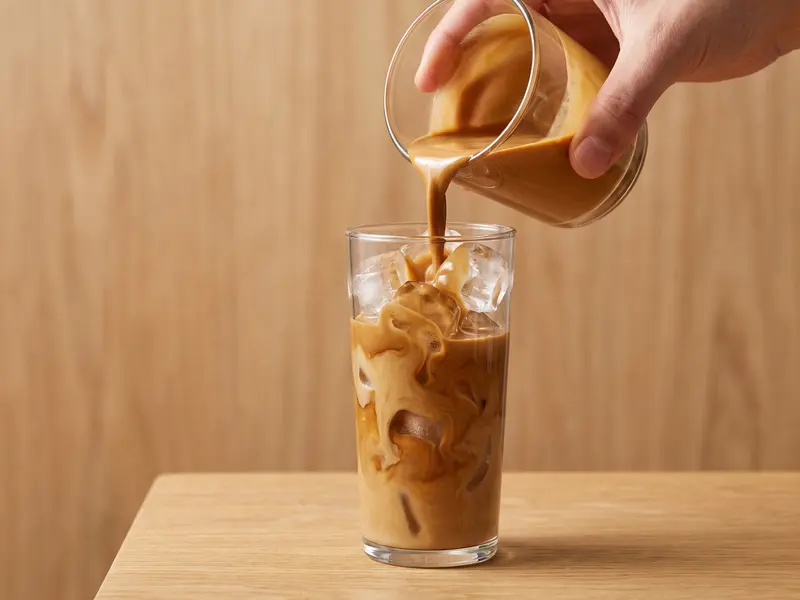 練乳を混ぜたコーヒーを氷の入った背の高いグラスに注ぐ、ベトナムアイスコーヒー