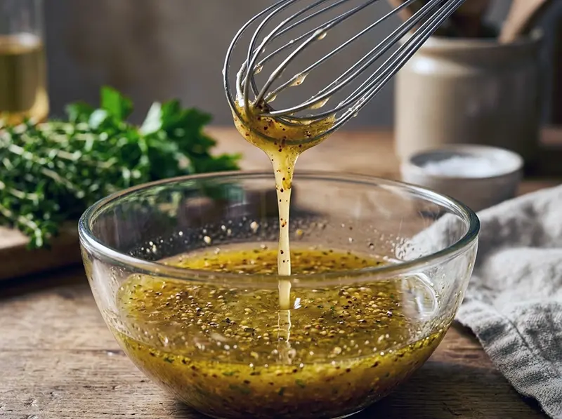 Classic French Vinaigrette with olive oil, red wine vinegar and dijon mustard — France recipe