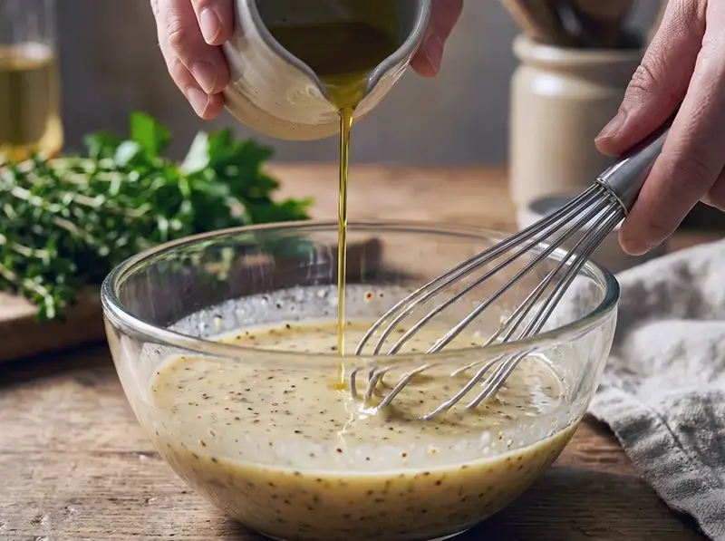 Olio d'oliva a filo sotto la frusta: la vinaigrette diventa pallida, densa e cremosa