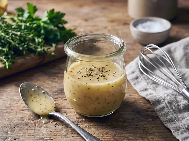 La vinaigrette pronta in un barattolo di vetro aperto, dorata chiara e punteggiata di timo secco