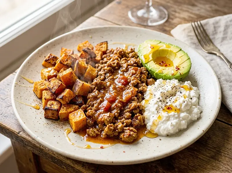 Hot Honey Bowl with sweet potatoes, lean ground turkey and cottage cheese (full fat) — USA recipe