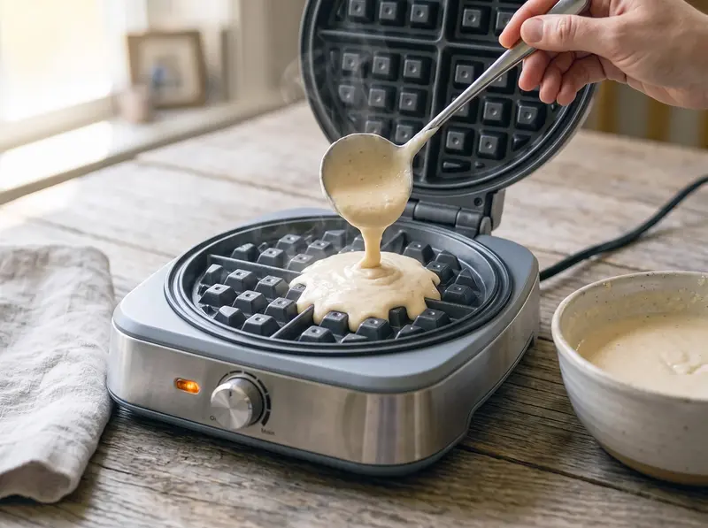 Pastella per waffle versata con un mestolo sulla piastra calda di una piastra elettrica