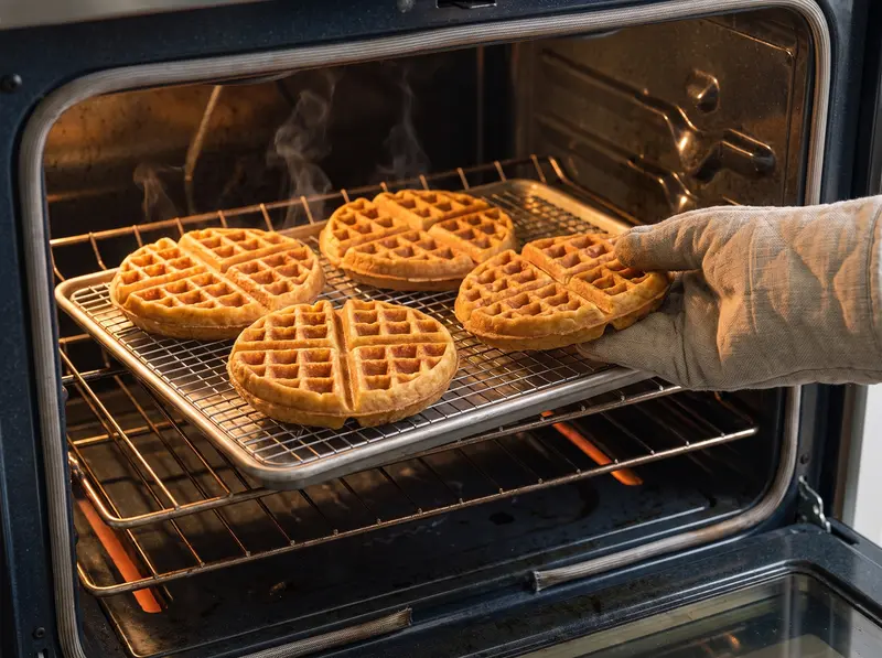 Waffle dorati al latticello tenuti caldi in un solo strato su una griglia nel forno