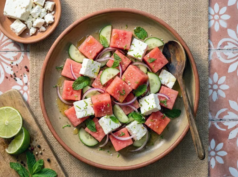 Watermelon Feta Mint Salad with Honey-Lime Dressing