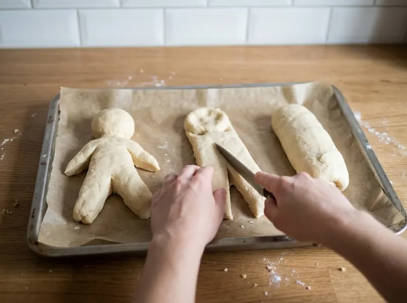 Shaping Weckmann bread men on a lined baking tray: a knife cuts the legs, one figure is done, one dough log waits