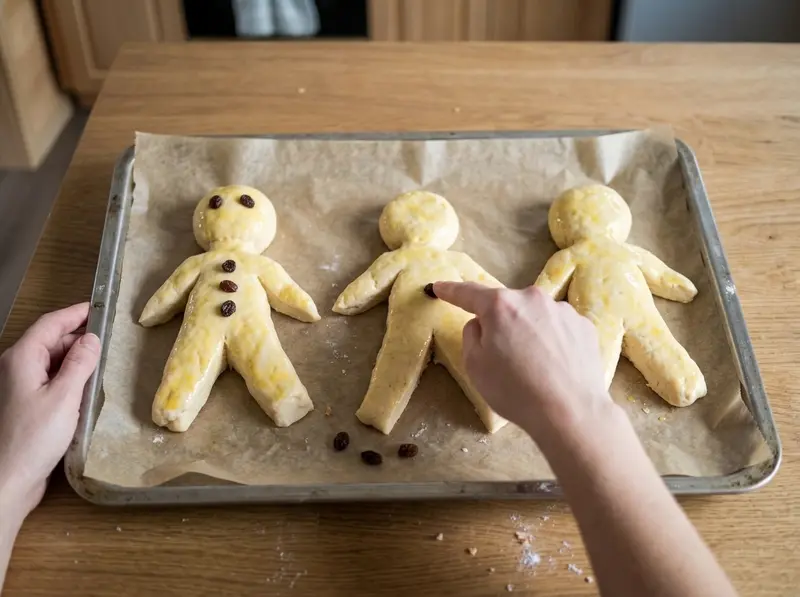 Raw Weckmann figures glazed with egg yolk on a baking tray, a finger pressing raisin eyes and buttons into the dough