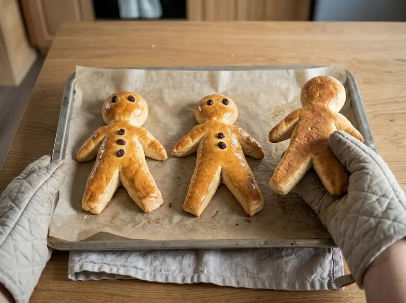 Golden baked Weckmann bread men on the tray, an oven-gloved hand lifting one to show its golden base