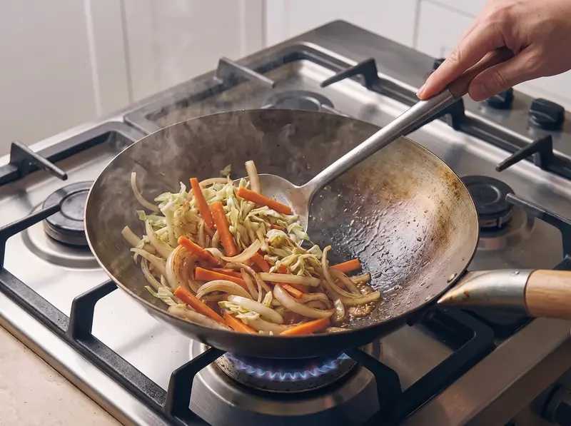焼きそば:中華鍋で玉ねぎ、にんじん、キャベツを強火で炒め、ヘラであおる
