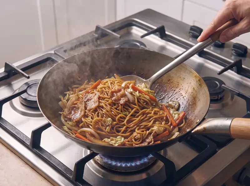焼きそば:麺と豚肉、野菜に濃いソースを回しかけ、中華鍋でつやが出るまで炒め合わせる