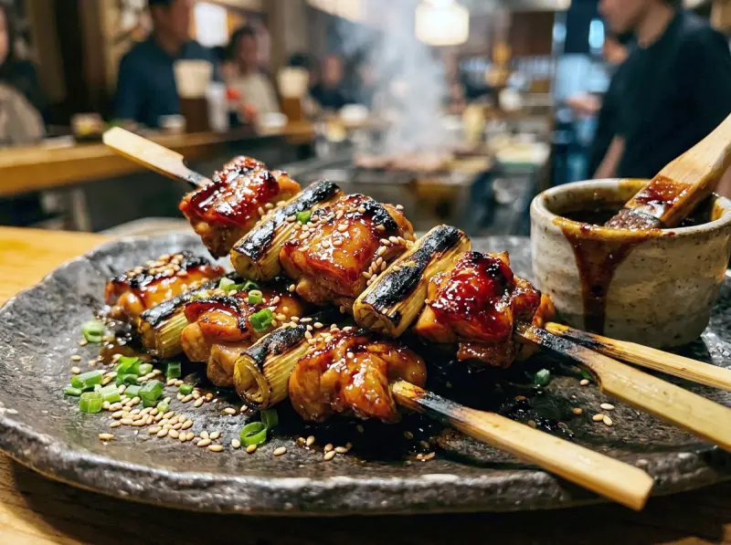 Yakitori (Japanese Grilled Chicken Skewers) with chicken thighs, soy sauce and mirin — Japan recipe