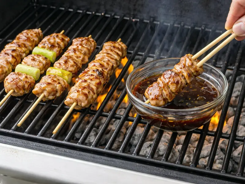 炭火で返しながらタレを重ね塗りする焼き鳥の串