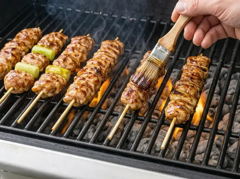 Yakitori skewers turned on the coals and brushed with tare between passes