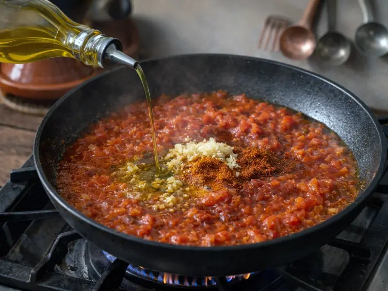 Tomatoes cooking down with garlic, cumin and paprika into the zaalouk base