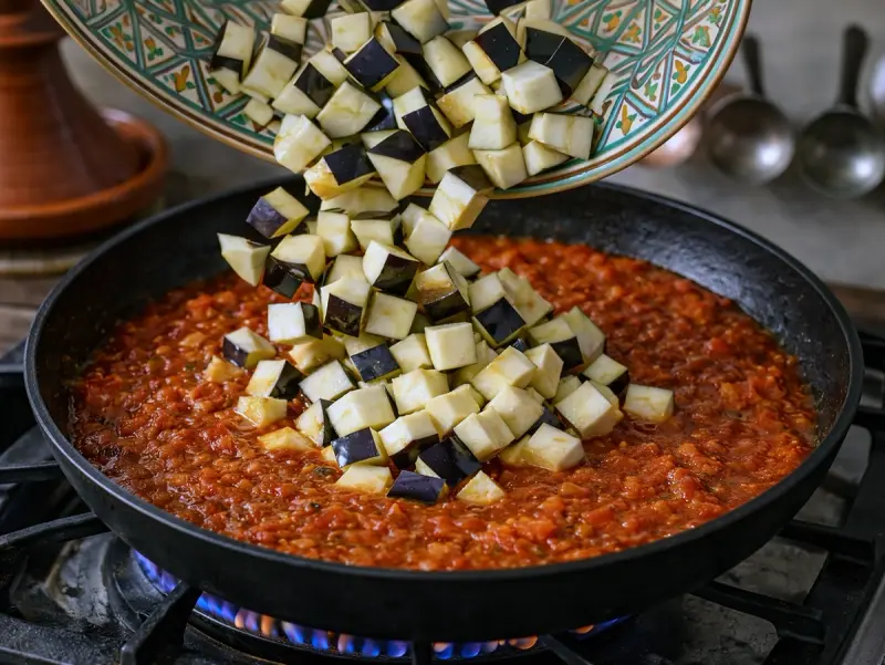 Eggplant folded into the tomato sauce and cooked down until a spoon leaves a trail