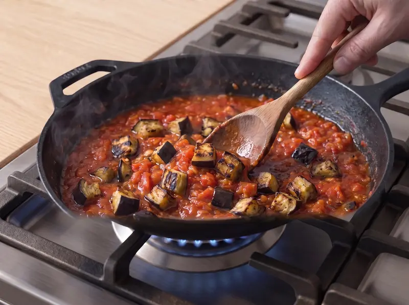 Eggplant folded into the tomato sauce and cooked down until a spoon leaves a trail