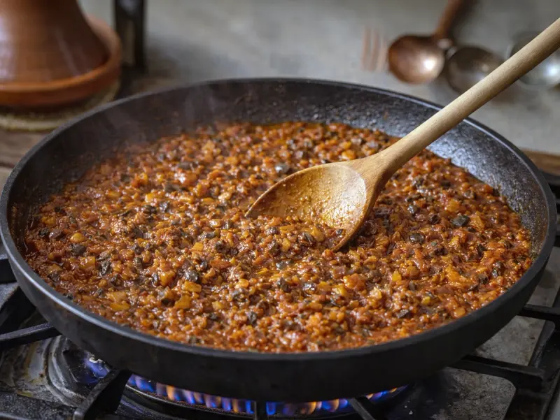 Zaalouk mashed with a fork to a chunky spread and finished with lemon juice