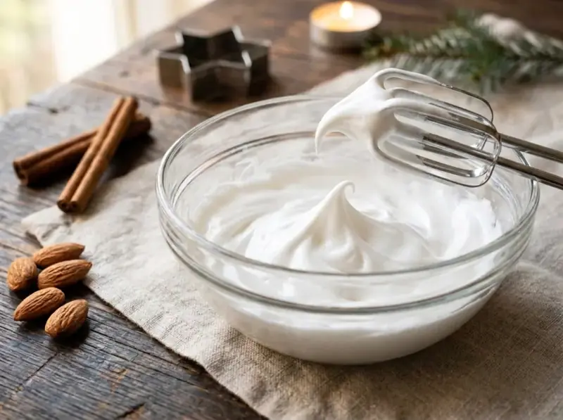Glass bowl of stiff white meringue for Zimtsterne with a peak standing on the mixer beaters