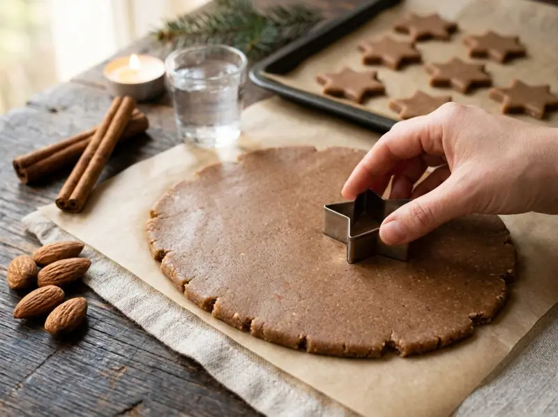 Cutting Zimtsterne from rolled cinnamon-almond dough with a star cutter, a glass of water beside