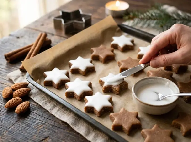 Spreading white meringue glaze onto raw Zimtsterne on a baking tray, half already glazed