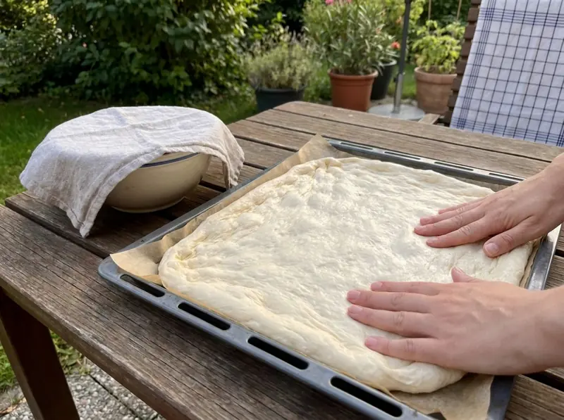 Pressing risen yeast dough out thinly to the edges of a lined baking tray for Zwetschgendatschi