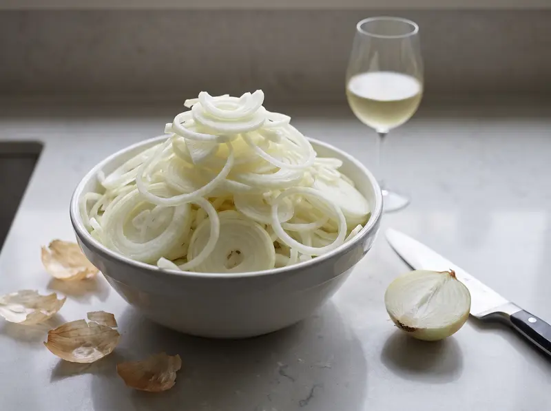 A bowl heaped with raw onion half-rings for Zwiebelkuchen, papery skins and a halved onion beside