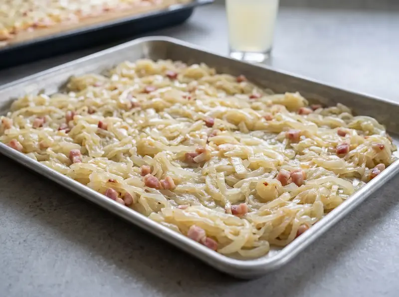 Softened pale onion with bacon spread on a metal tray to cool before the custard goes in