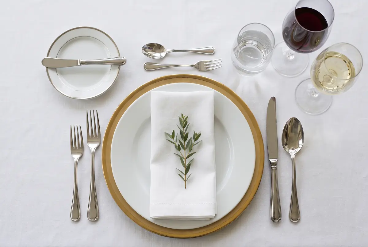 Formal place setting: dinner plate with napkin, two forks on the left, knife and spoon on the right, bread plate and three glasses