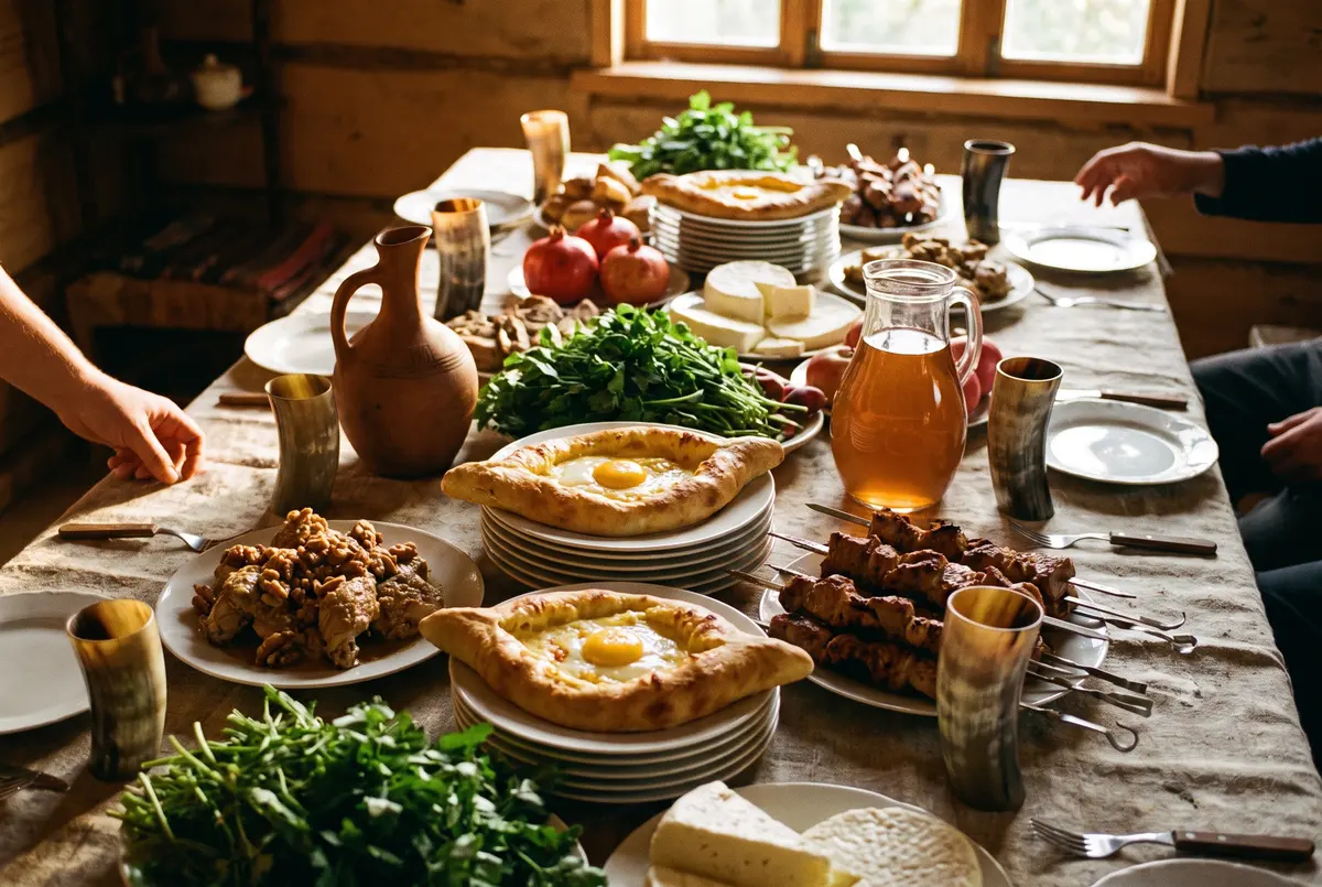 A long Georgian supra table crowded with stacked dishes: Adjarian khachapuri, walnut chicken, grilled pork skewers, herbs, pomegranates and clay jugs of wine
