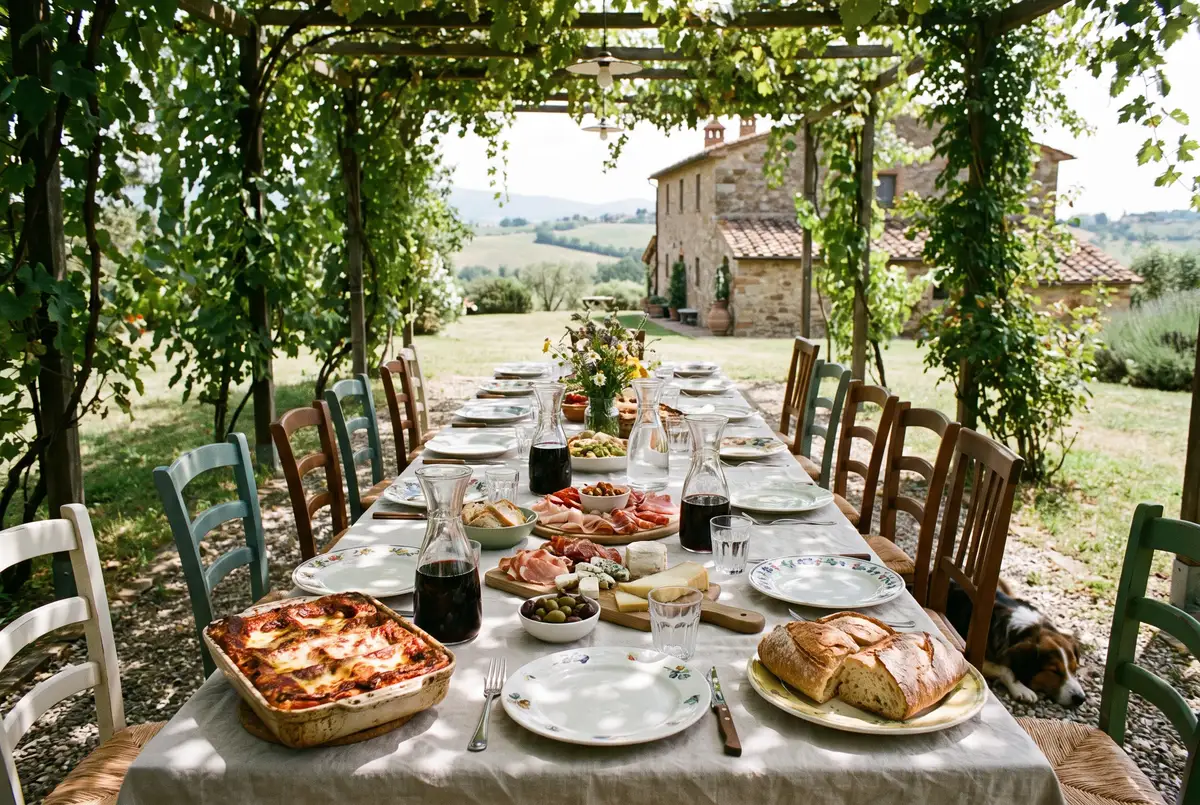 A long Italian family table under a vine pergola with lasagna, antipasti, cured meats, bread and carafes of wine