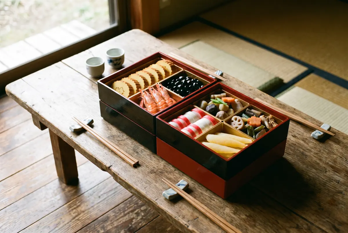 Japanese New Year osechi ryori in stacked lacquered boxes with rolled omelette, black beans, shrimp and simmered vegetables