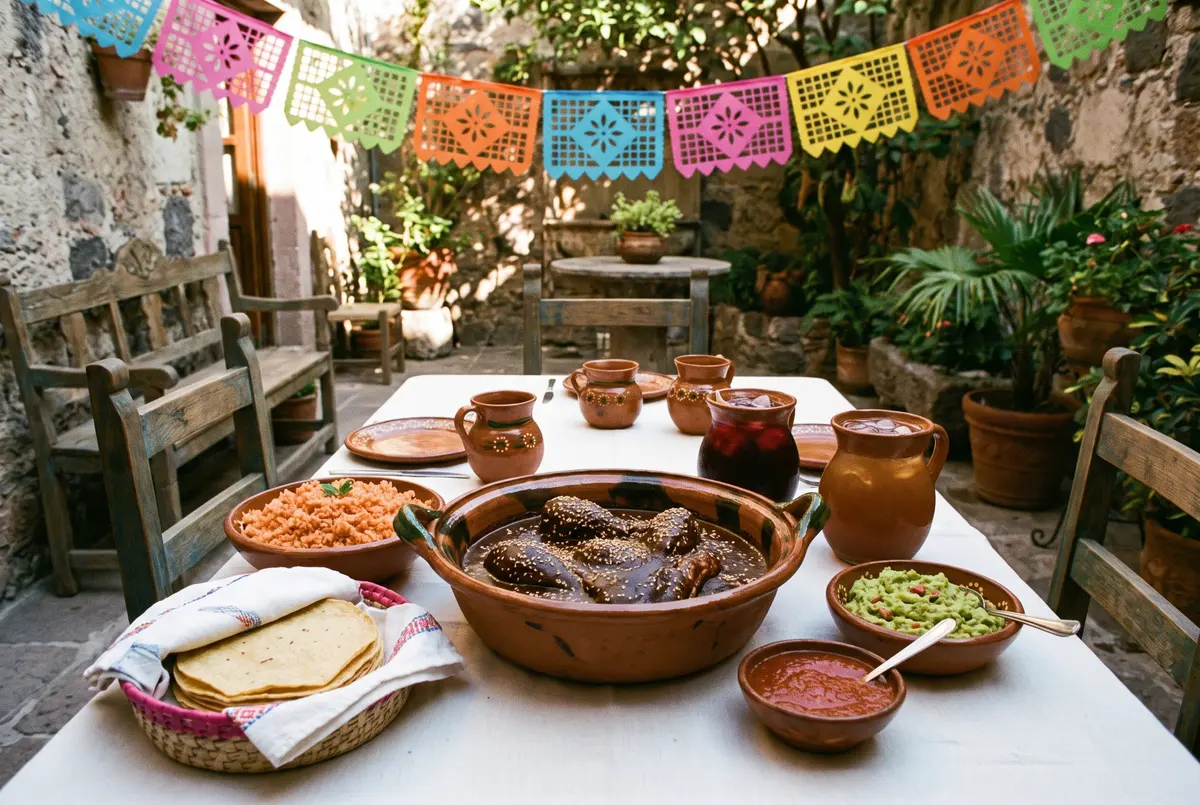 A Mexican fiesta table in a courtyard with mole poblano, red rice, corn tortillas, guacamole and agua fresca under a cut-paper garland