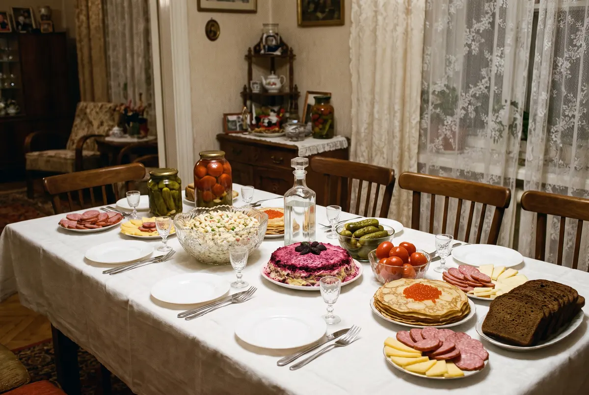 Russian celebration table laid before the guests arrive: Olivier salad in a crystal bowl, herring under a fur coat, pickles, blini with red caviar