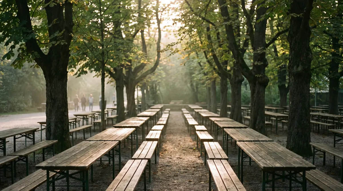 Empty Bavarian beer garden with long wooden tables and benches under chestnut trees in afternoon light