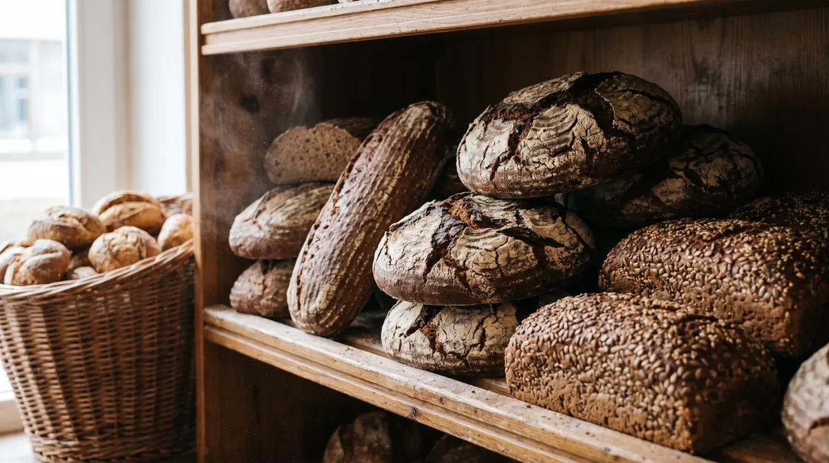Dark rye and wholegrain German loaves stacked on wooden bakery shelves beside a basket of crusty rolls